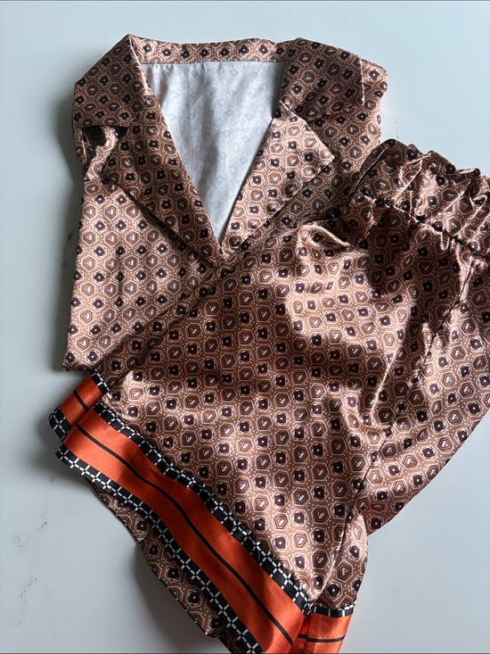 Other - NWOT Silky Printed Pajama Set in Brown with Orange Trim